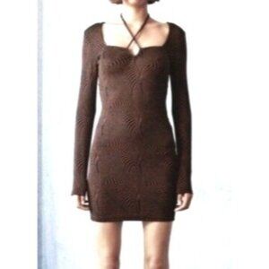 Zara Brown & Black Swirl Print Long Sleeve Mini Dress with Peek Hole Front Large